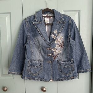 Y2K Connection 18 Womens Jean Denim Jacket Large Floral Embroidery Light Wash